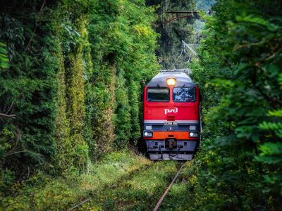 Тепловоз 2ТЭ116У-0199 с пассажирским поездом следует по перегону Гагра - Цандрыпш, Абхазия